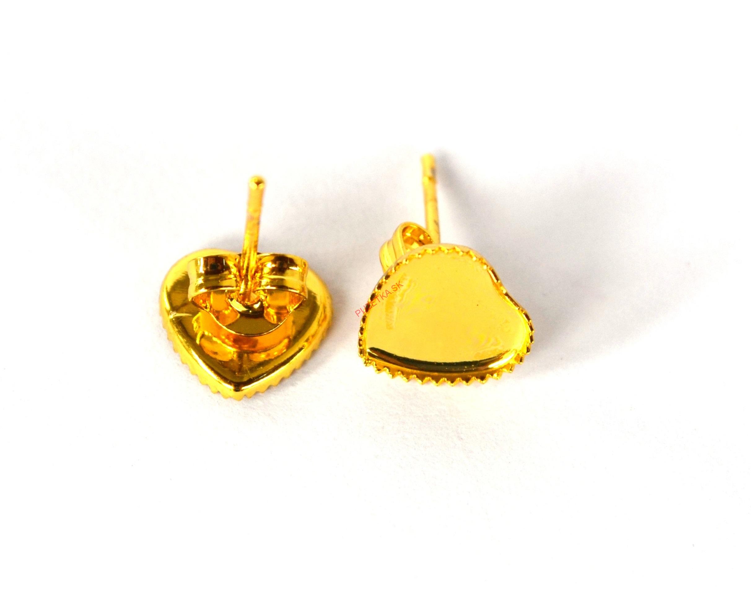 Náušnice - lôžka, tvar srdce, zlatá farba - 1 pár + kovové zarážky,II.trieda