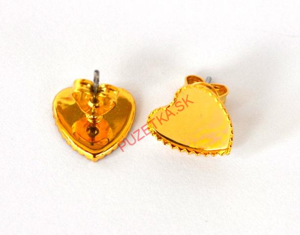 Náušnice - lôžka, tvar srdce, zlatá farba 10x10 mm - 1 pár + kovové motýliky