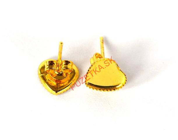 Náušnice - lôžka, tvar srdce, zlatá farba - 1 pár + kovové zarážky